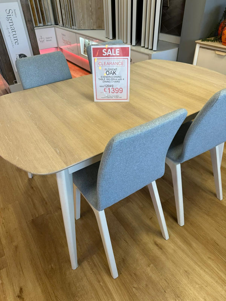 Florent Oak Extending Dining Table 160-200cm with 4 Dining Chairs