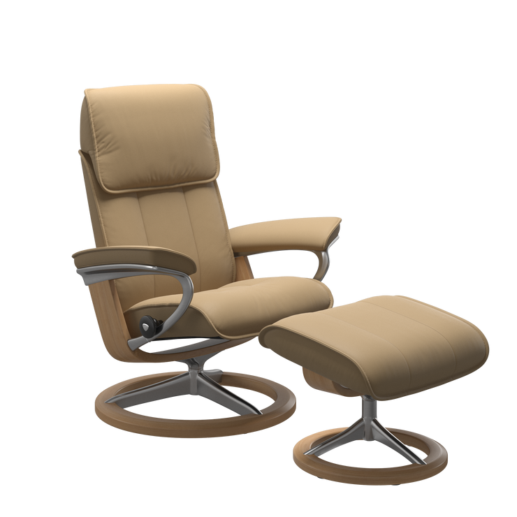 Stressless Admiral Medium Recliner Chair & Footstool In Paloma Sand & Oak With Signature Base